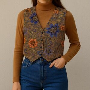 EFFECI Women's Vintage Floral Beaded Vest‎ Size Large 100% Cotton Boxy 80's Boho